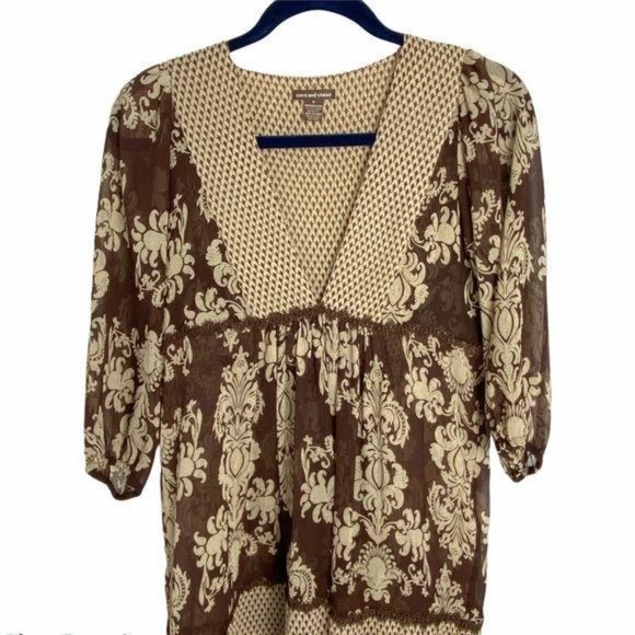 4/$25 Coco And Chase Tunic Blouse Peasant Floral V Neck Sheer Womens Sz M - Picture 2 of 14